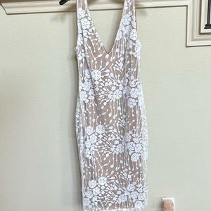 White sequin and nude midi dress